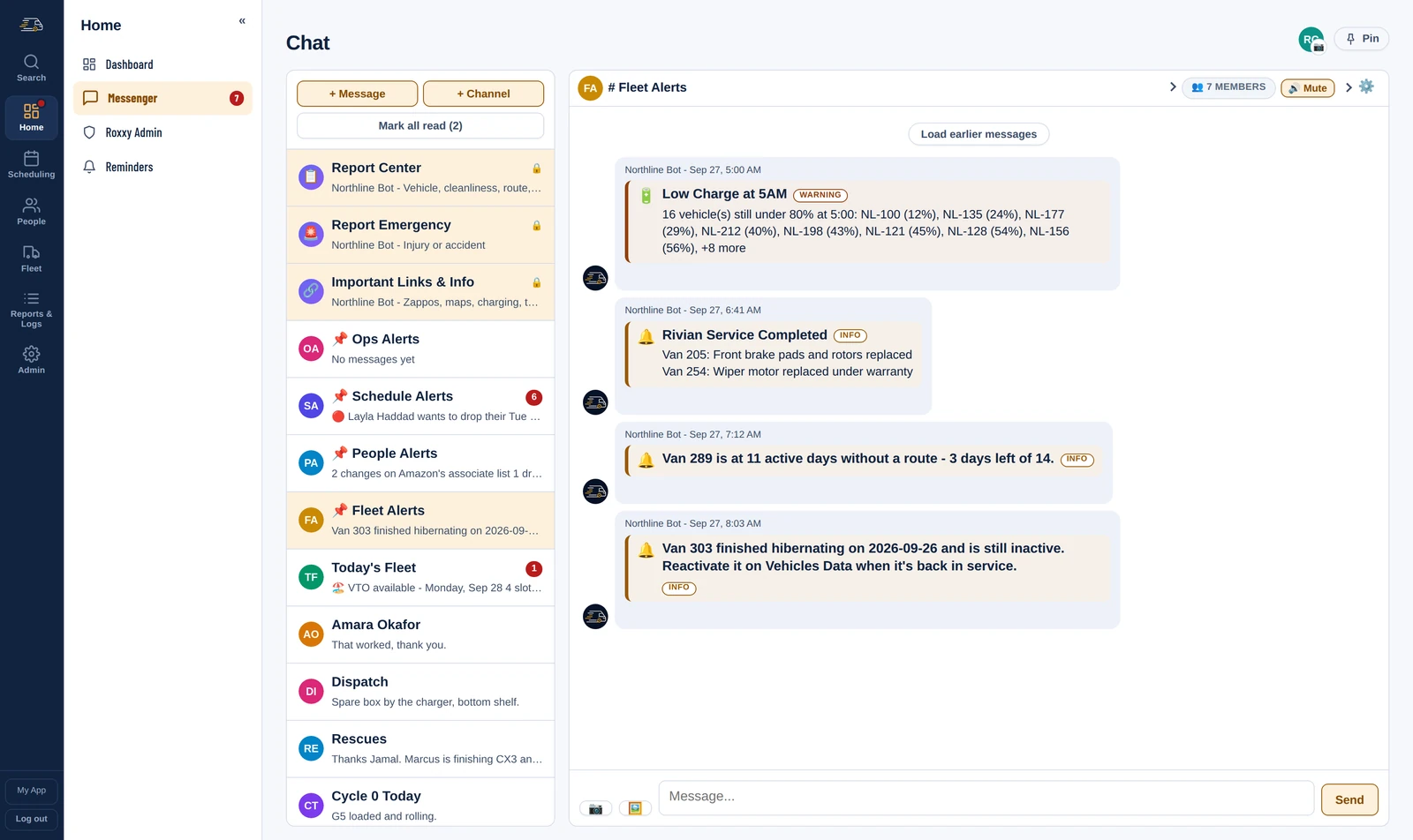 The Fleet Alerts chat: a 5AM low-charge warning listing the vans under 80%, a Rivian Service Completed message saying what was done to two vans, and notices about vans sitting idle.