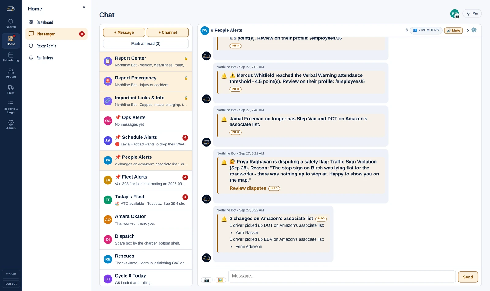 People Alerts: a driver who no longer has Step Van and DOT, a driver disputing a sign violation with their reason, and two drivers who picked up DOT and EDV on Amazon's associate list