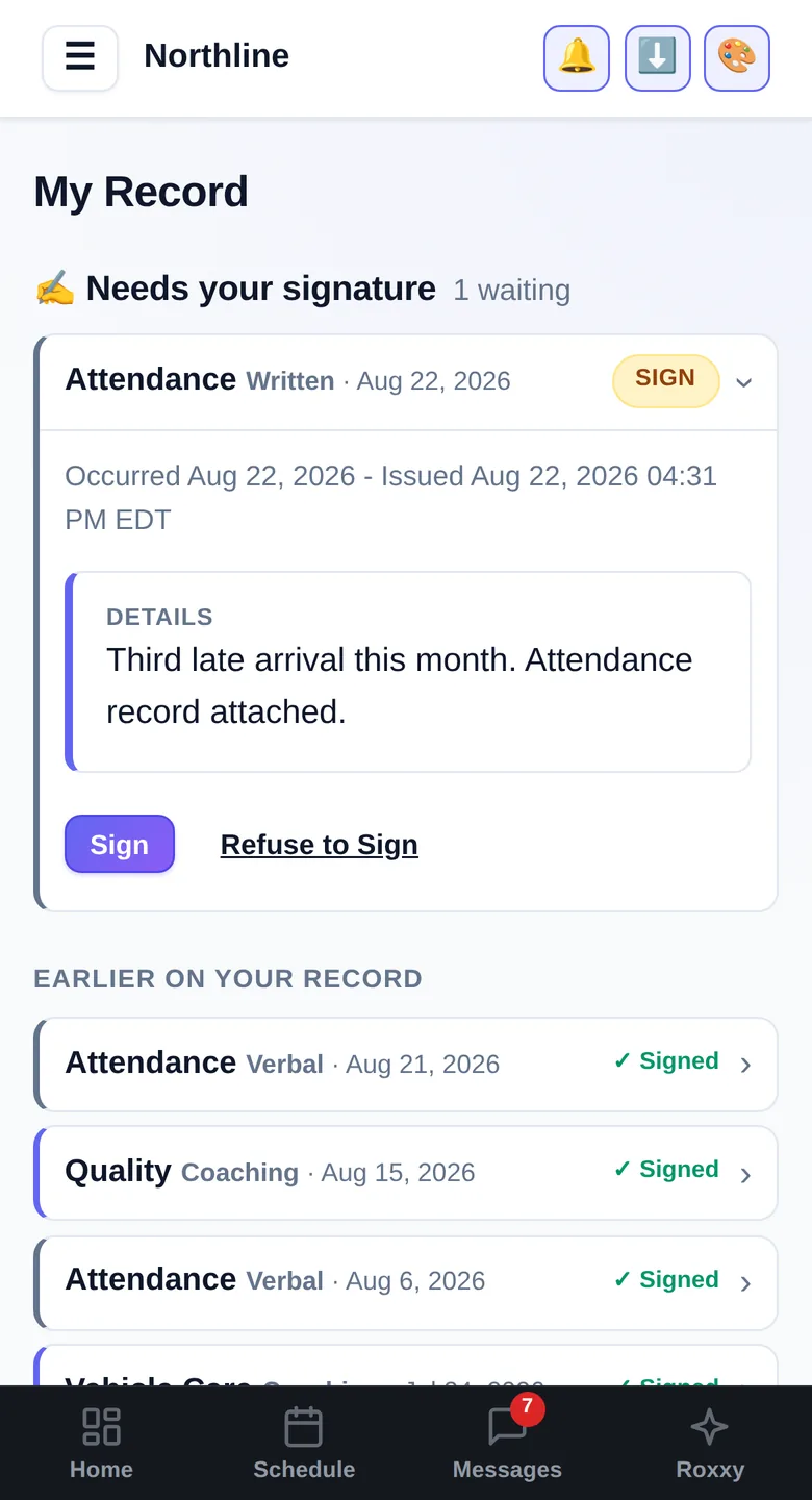 My Record: Every coaching, write-up and safety flag on them, with what needs signing at the top - so nothing is a surprise in a meeting.