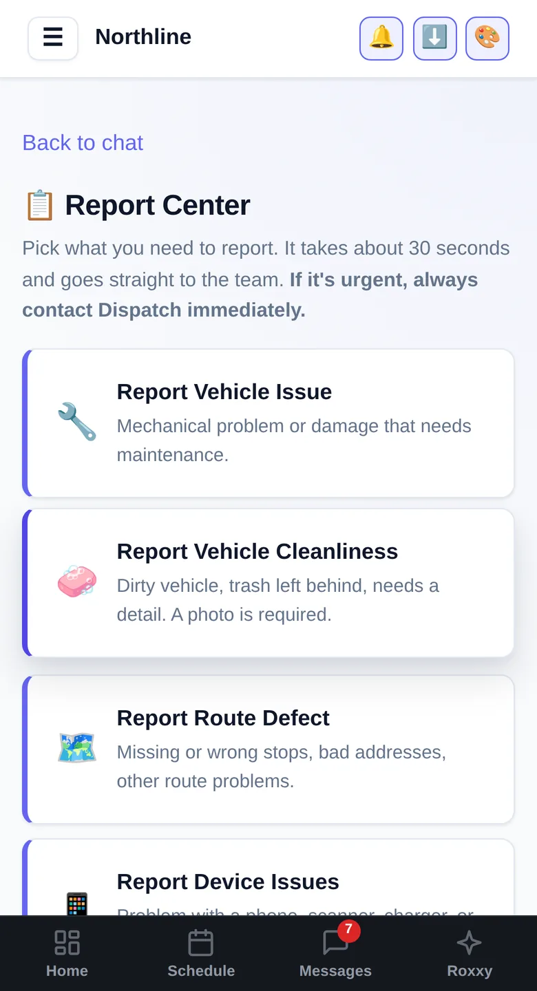 Report Center: Vehicle issue, accident, cleanliness, road report - the right form in about thirty seconds, straight to the team.