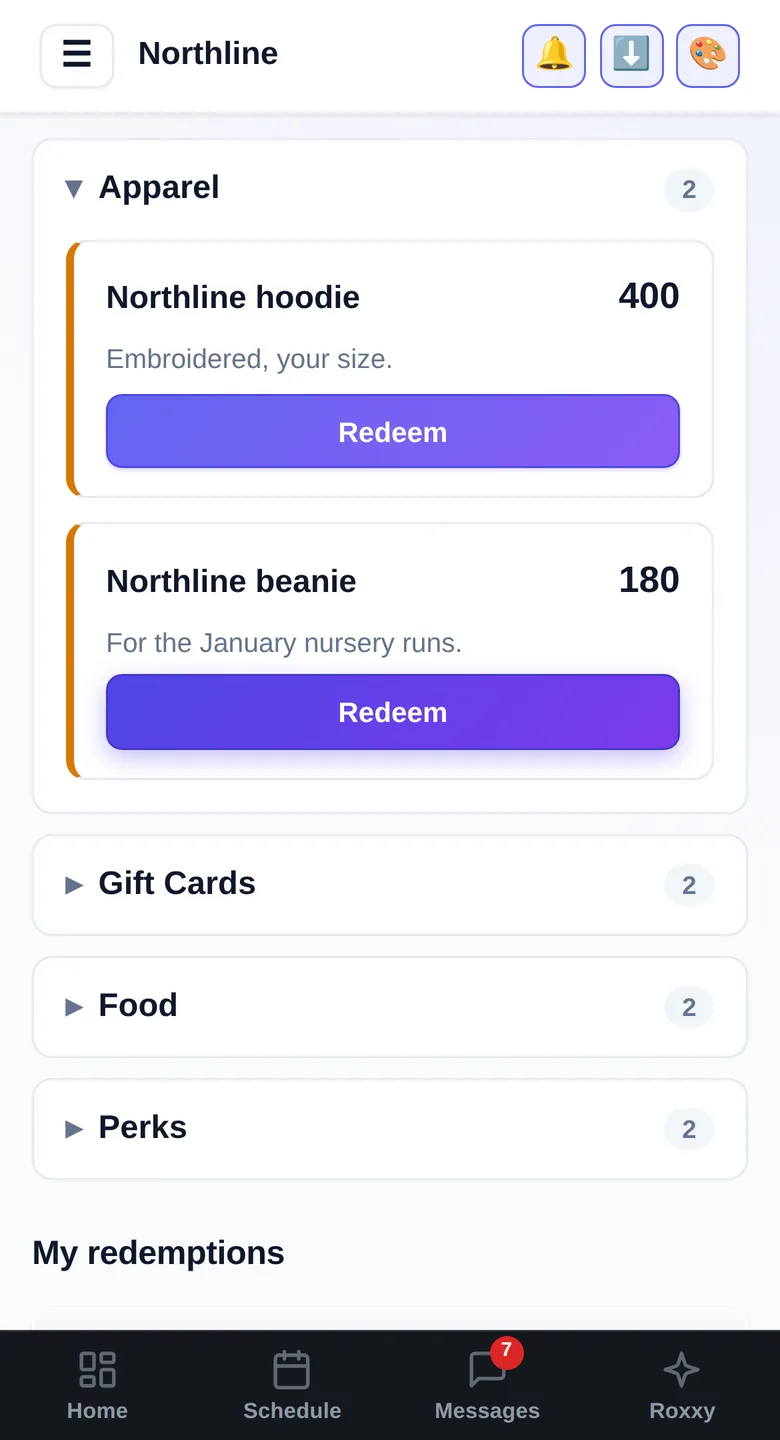 Rewards shop: Points for attendance, metrics and covering a route - spent on gas cards, swag or an early finish. You set the currency's name and the prices.