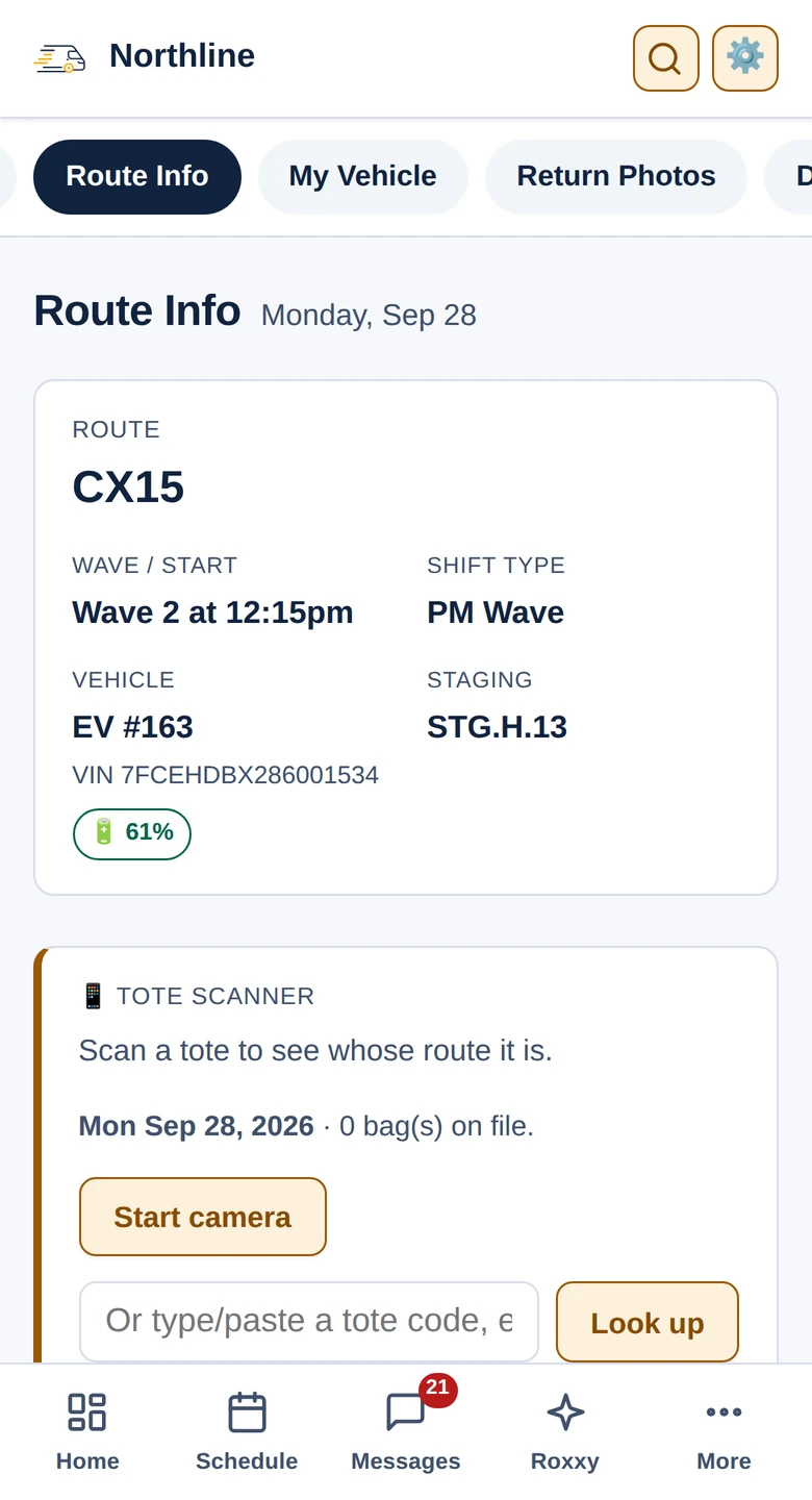 Route Info on a driver's phone: route CX15, Wave 2 at 12:15pm, PM Wave, van EV #163 at 61% charge, staging spot STG.H.13, and the tote scanner below.