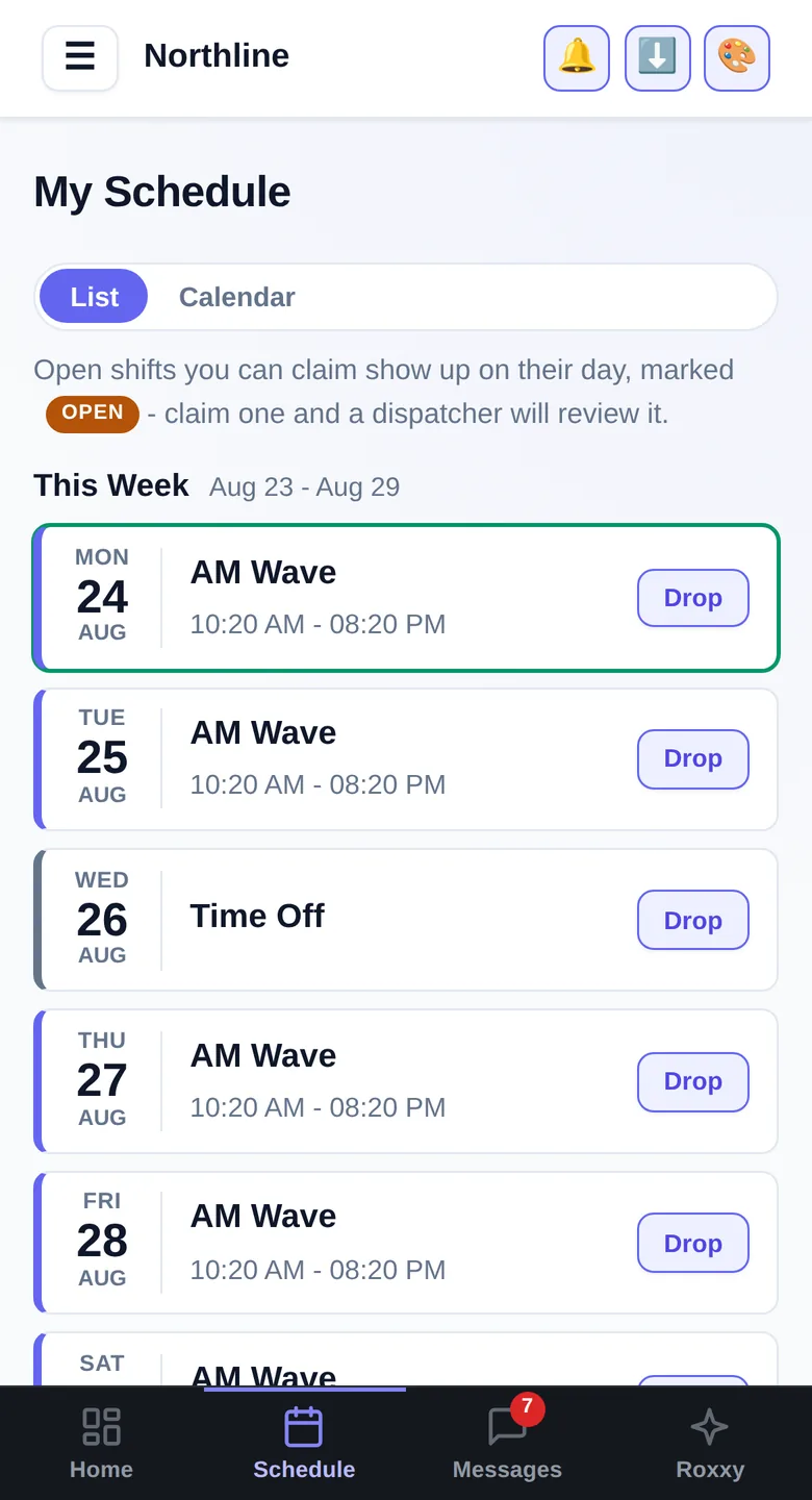 My Schedule: Their week, their wave, their hours - and claiming or dropping a shift without phoning dispatch.