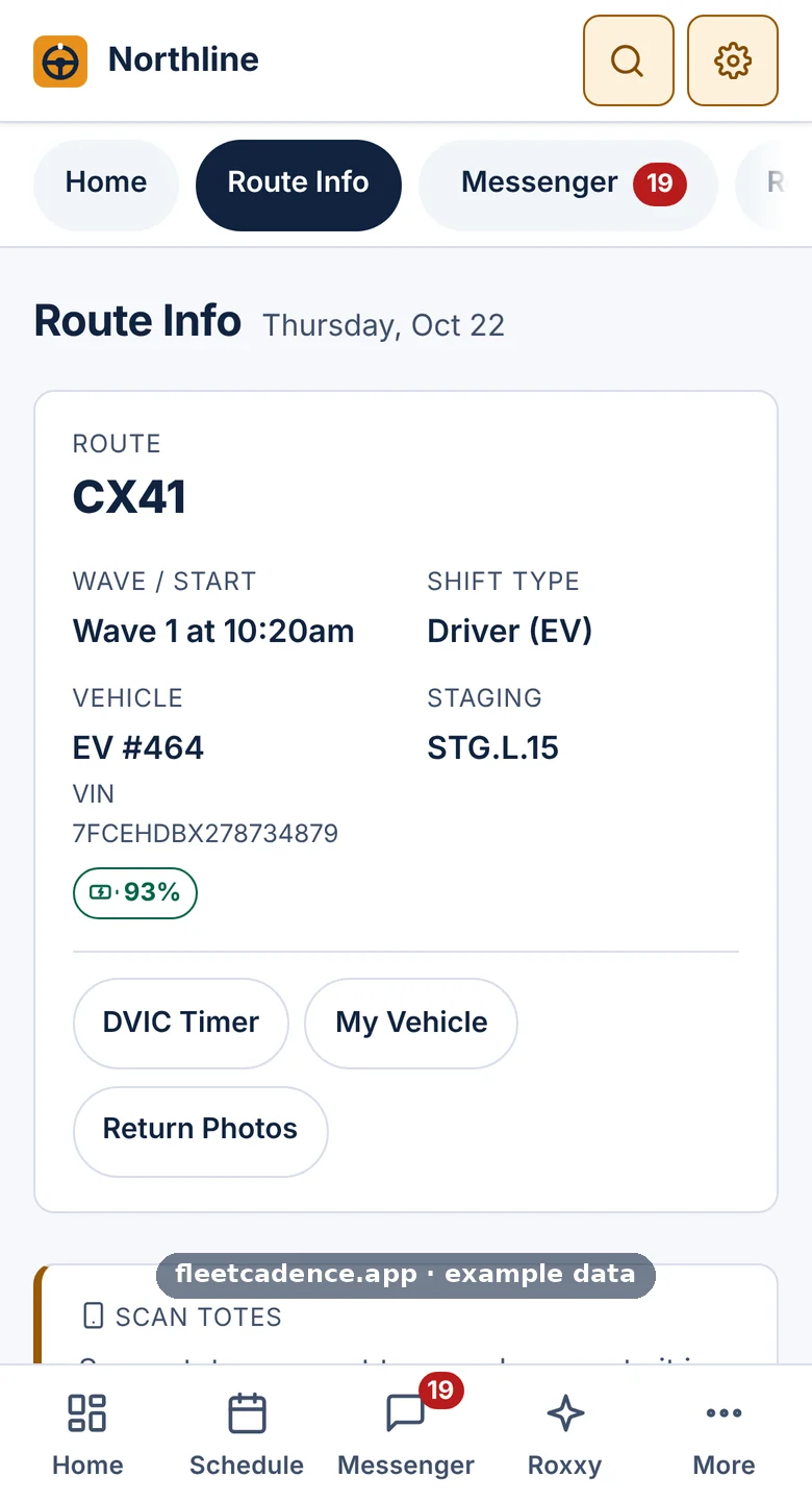 The driver app on a phone, showing the driver's route, wave, van and staging spot