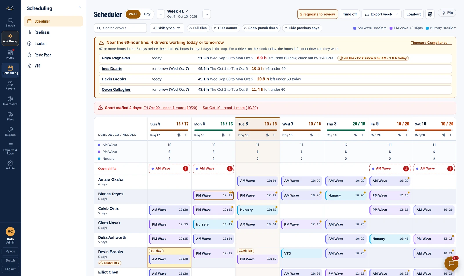 The Work hour compliance, before the shift screen