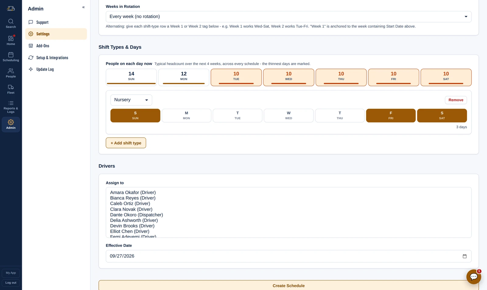 Setting up a repeating schedule: the rotation, headcount for each day of the week over the next four weeks, a Nursery shift on Sunday, Friday and Saturday, and the drivers it is assigned to.