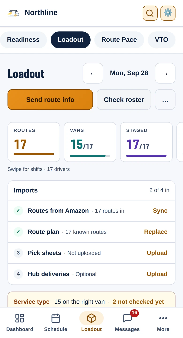 The Loadout on a phone: Send route info and Check roster, the day's counts, and the four imports - the day's routes, the route plan, pick sheets and hub deliveries.