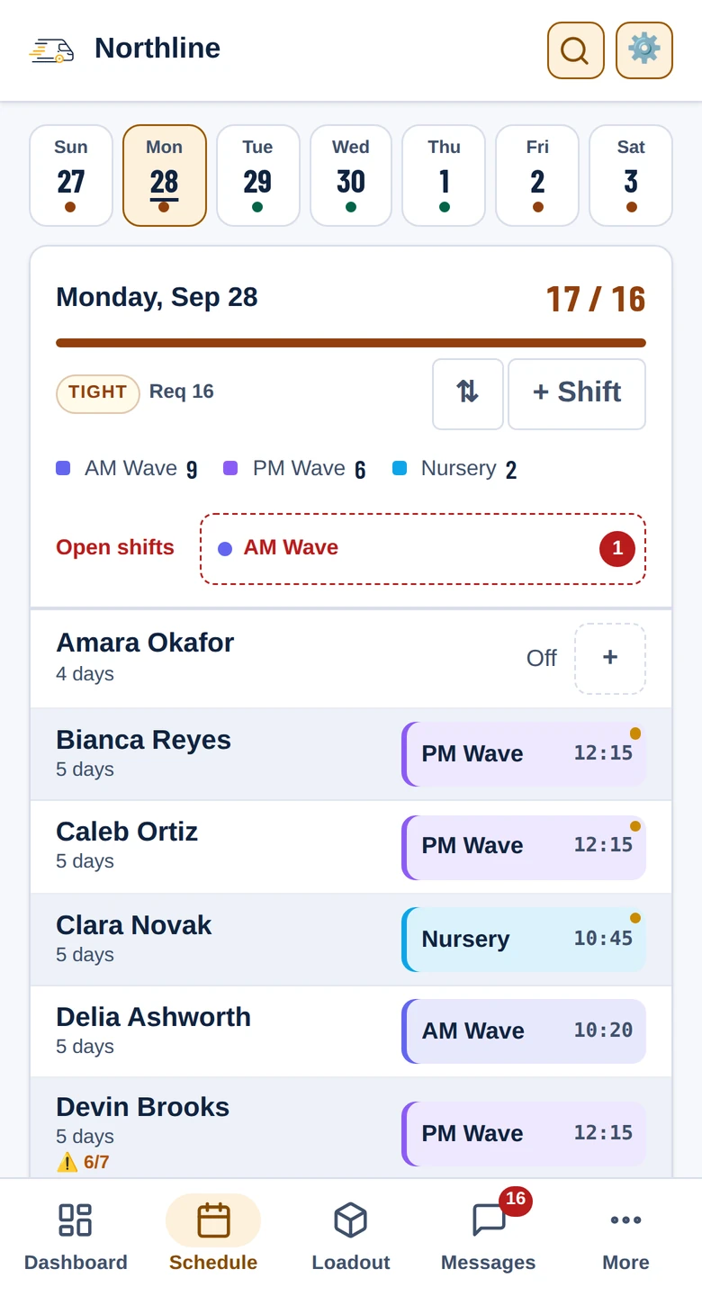 The Scheduler on a phone: the week as a strip of days, and the chosen day's drivers and shifts below