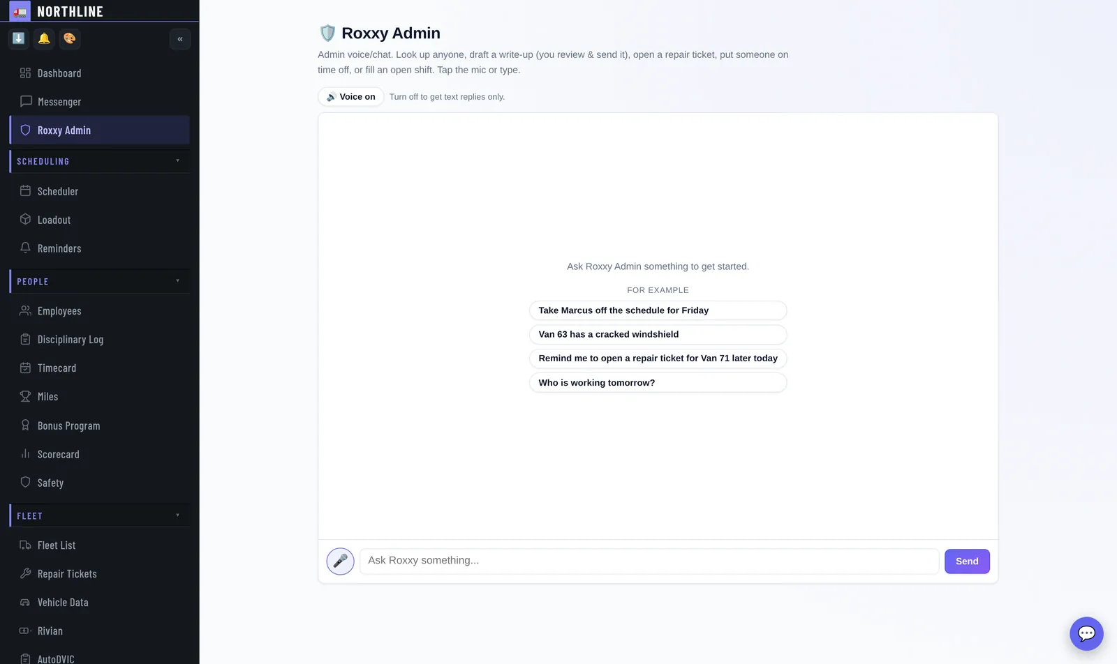 Roxxy Admin: Ask for anyone's record, draft a write-up, open a repair ticket or fill an open shift - by voice, mid-shift, without leaving the board.
