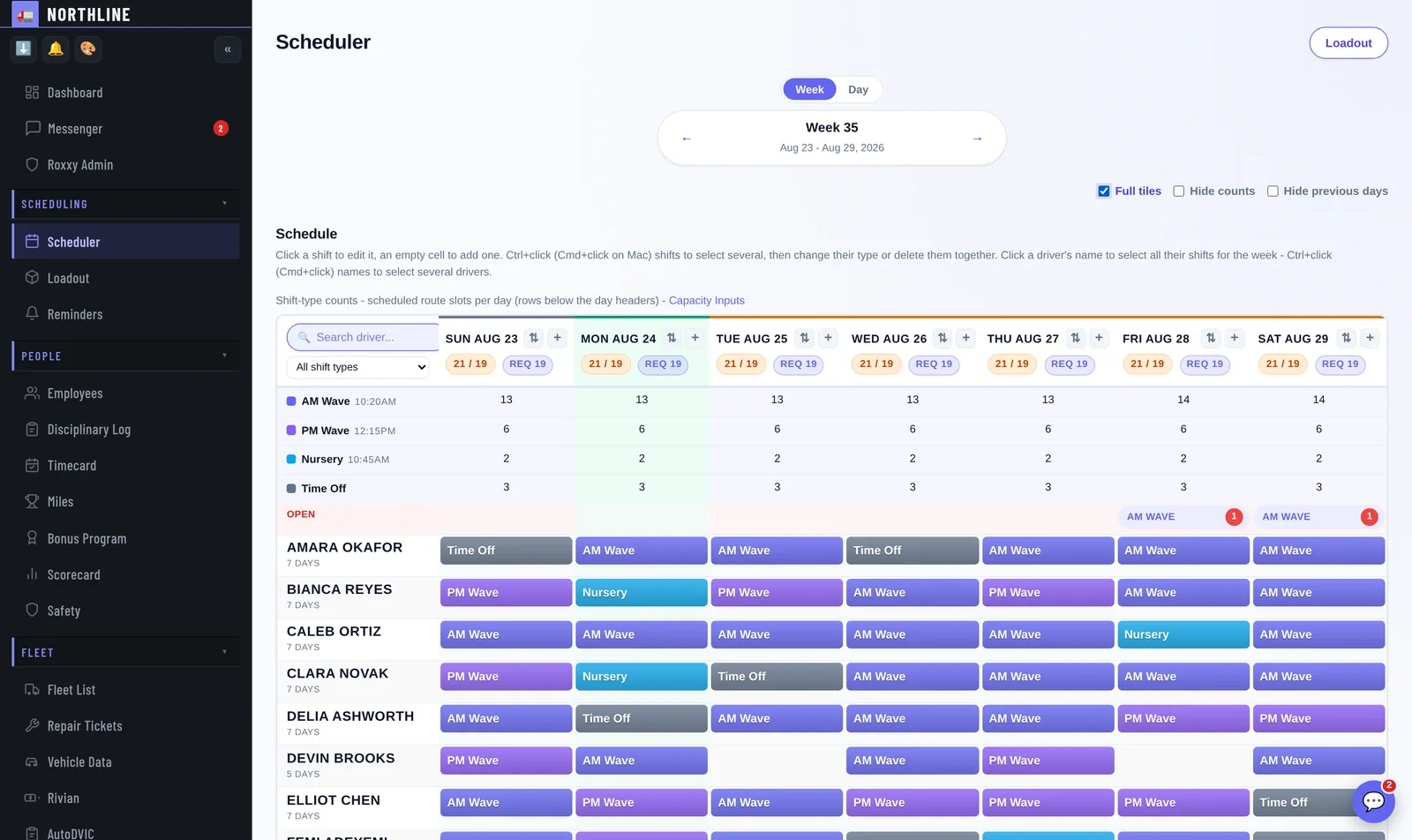 Scheduler: A week per screen, one row per driver. Build the pattern once and it repeats; drivers claim the open shifts themselves.
